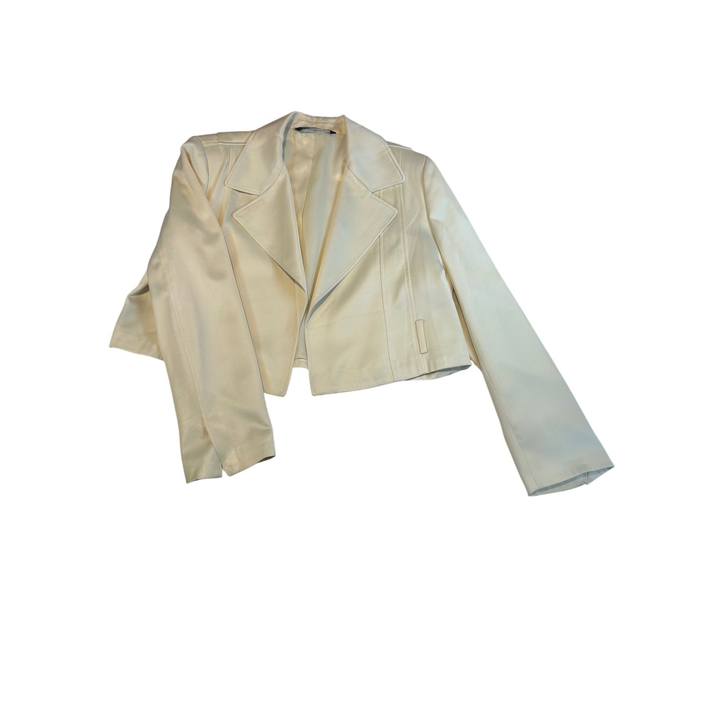 Zara Womens XS Cream Satin Cropped Blazer Open Front Lapel Jacket 1255/702